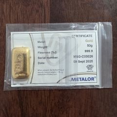 Bar - Metalor 999.9 Cast Gold Bar With Certificate - 50 G (LBMA Brand) (1 Pc Only!)
